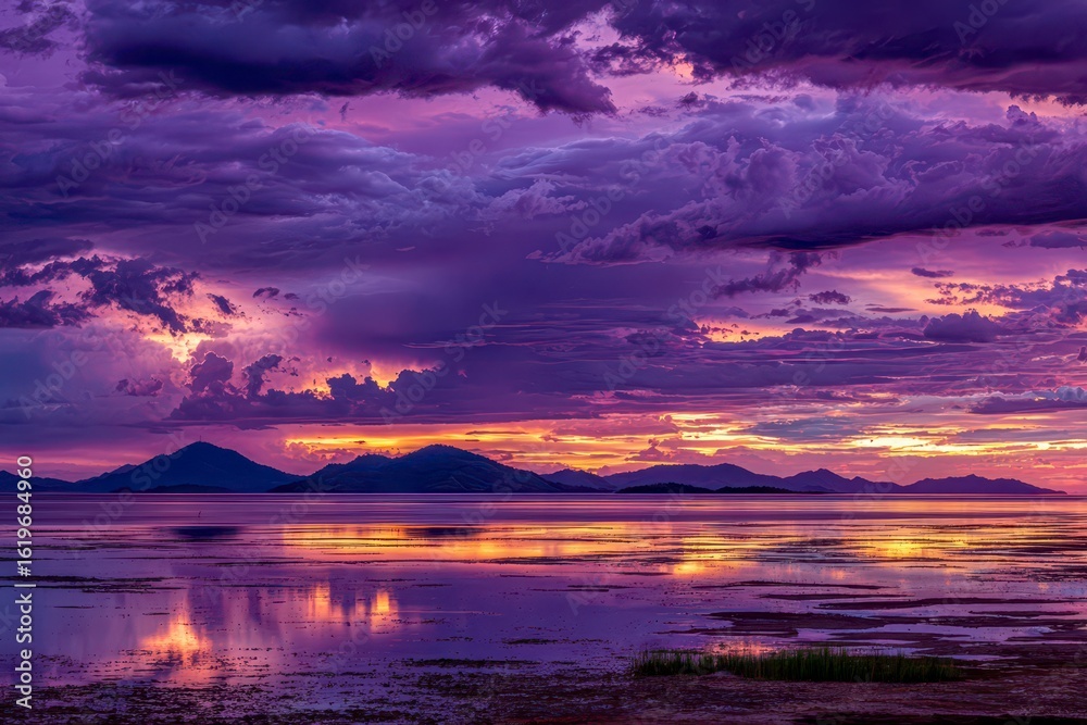 Fototapeta premium Vibrant sunset over a lake, dramatic clouds