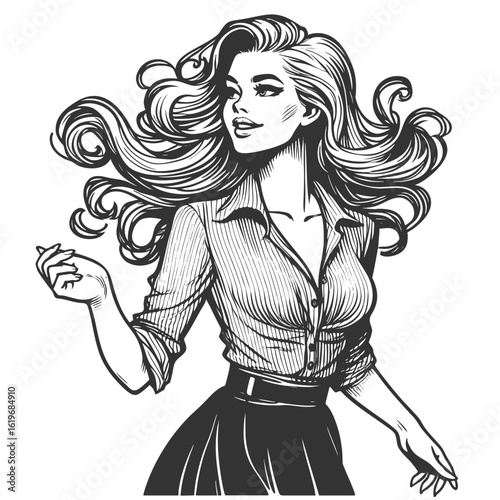 graceful woman with voluminous flowing hair, button-up shirt and high-waisted skirt in motion sketch engraving generative ai fictional character vector illustration. Scratch board. Black and white.