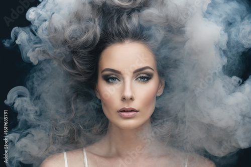 Mystical Woman in Smoke with Thoughtful Expression. Generative AI. 