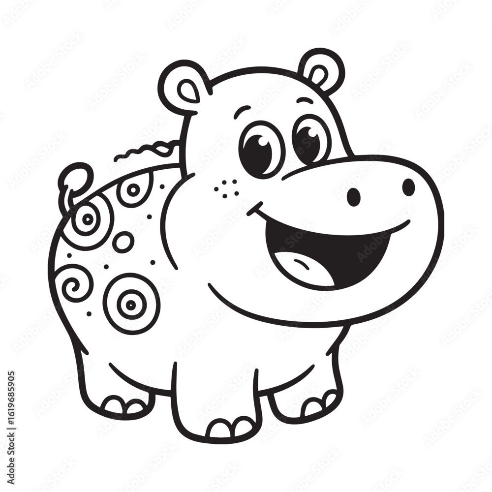 Fototapeta premium A black and white line art illustration of a cheerful hippopotamus with a wide mouth and a playful smile, depicted in a charming and accessible style perfect for children. 