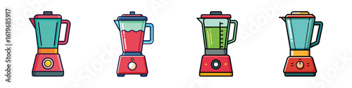 Blender kitchen appliance icons set-Collection of colorful blender icons, showing different designs and contents, representing kitchen appliances, smoothies, food preparation, and cooking.  