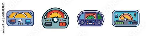 Car dashboard speedometer icons set-Collection of colorful icons showing car dashboards with speedometers and gauges, representing driving, speed, performance, and vehicle monitoring.  