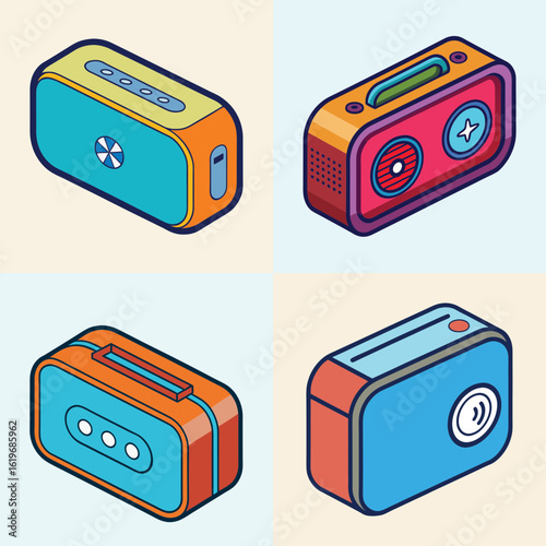 Portable wireless speaker illustrations set-Collection of colorful illustrations of portable Bluetooth speakers in various designs, representing modern music and audio technology.  
