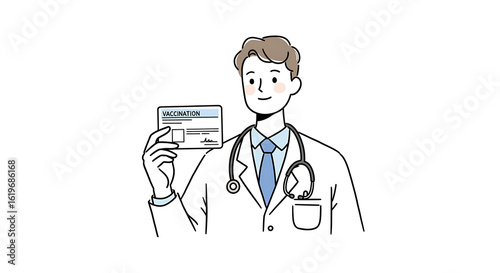 Friendly doctor in a white coat holding a vaccination record card. Medical illustration for healthcare and immunization concepts.