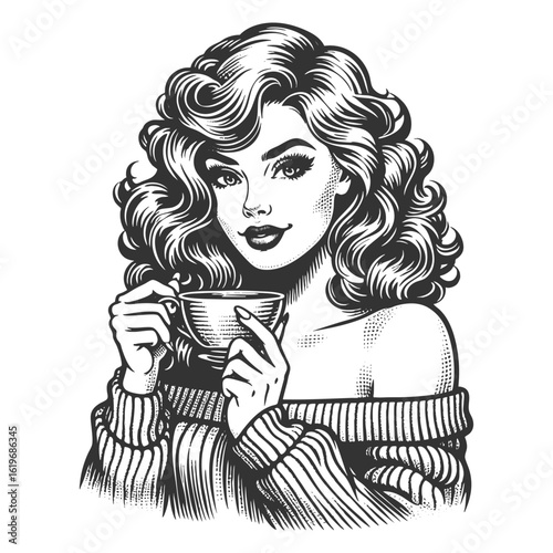 glamorous woman enjoying a cup of coffee while wearing a cozy off-shoulder sweater sketch engraving generative ai fictional character vector illustration. Scratch board imitation. Black and white.