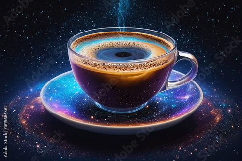 Cosmic Coffee Universe Swirls in a Glass Cup. Generative AI.