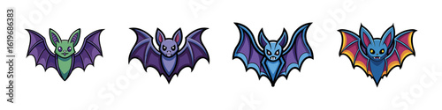 Cartoon bat illustrations set-Row of cartoon bat illustrations in colorful styles, featuring flying nocturnal animals with playful and decorative designs.  