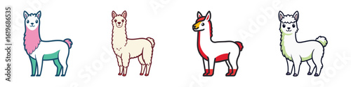 Cute cartoon llama icons in different styles-Set of cartoon llama icons in colorful and simple designs, representing South American animals used for wool and farming.  
