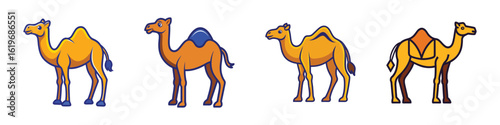 Cartoon camel illustrations with humps-Collection of cartoon-style camel illustrations featuring one-humped and two-humped designs, symbolizing desert animals, travel, and endurance.  
