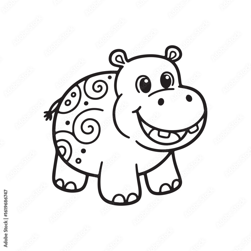 Fototapeta premium A black and white line art illustration of a cheerful hippopotamus with a wide mouth and a playful smile, depicted in a charming and accessible style perfect for children. 