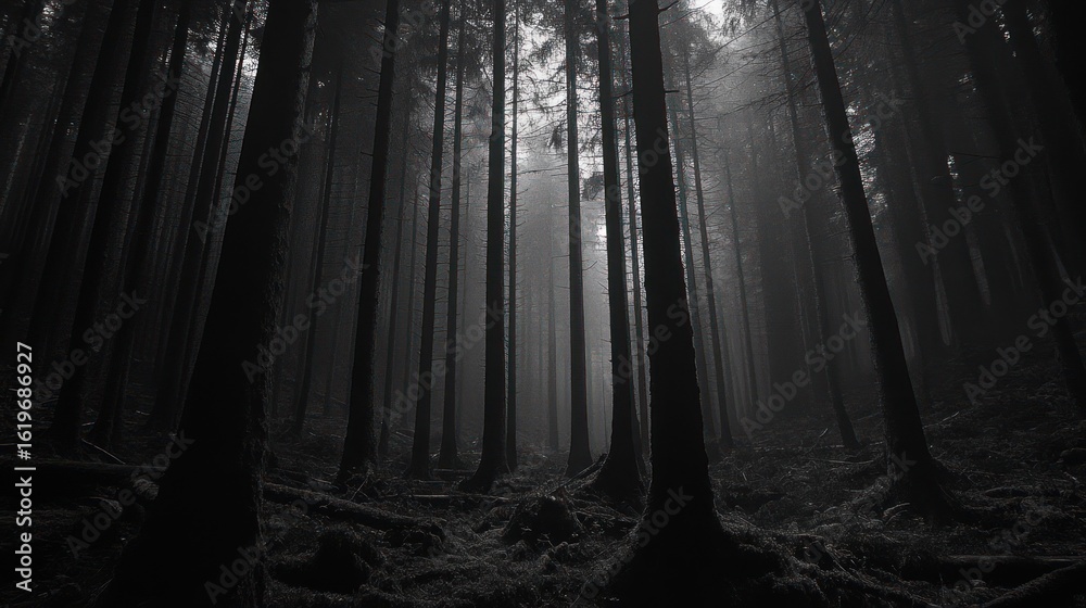 Fototapeta premium Foggy forest path with tall trees.