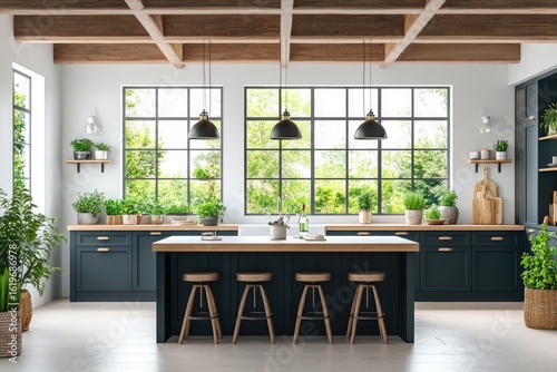 Bright, modern kitchen with dark cabinets, large windows, and a wooden island