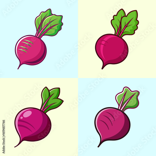 Beetroot vegetable illustration with green leaves-Collection of illustrated beetroots with leafy tops, symbolizing healthy organic food, farming, root vegetables, and vegetarian nutrition.  
