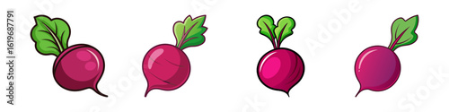 Fresh beetroot vegetables with green leaves-Illustrated set of fresh beetroots with green leaves, symbolizing healthy organic food, farming, root vegetables, and vegetarian nutrition.  
