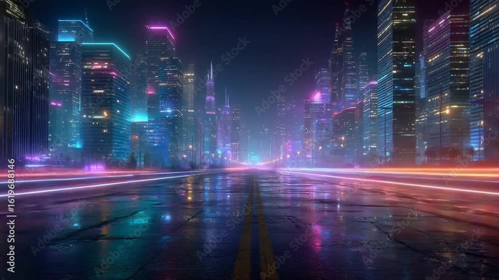 A neon-lit city road at night reflects bright building lights and streaks of light. The sky is dark A neon-lit city road at night reflects bright building lights and streaks of light. The sky is dark