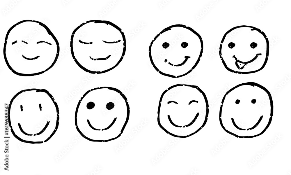 Drawing of smiling faces, a set of icons. Vector illustration. A hand-drawn sketch of a smiling face is isolated on a white background. The concept of happy emotions. Drawing of smiling faces, a set of icons. Vector illustration. A hand-drawn sketch of a smiling face is isolated on a white background. The concept of happy emotions.