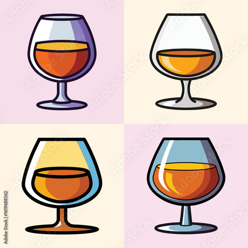 Brandy and cognac snifter glasses illustration-Collection of illustrated snifter glasses filled with amber brandy and cognac, representing luxury alcohol, fine spirits, and elegant drinking culture.