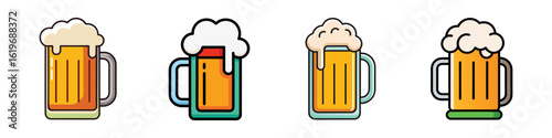 Beer mugs with frothy foam illustrations-Set of illustrated beer mugs filled with golden beer and frothy foam, symbolizing pubs, parties, refreshment, and social drinking culture.
