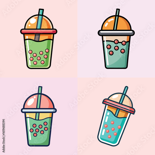Bubble tea cups with colorful tapioca pearls-Set of illustrated bubble tea cups with straws and tapioca pearls, symbolizing trendy drinks, sweet refreshment, and modern beverage culture.