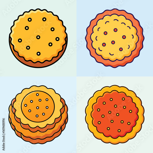 Cartoon illustration of assorted round biscuits-Set of four colorful cartoon biscuit illustrations, showing different round shapes with dotted tops and crispy baked textures.