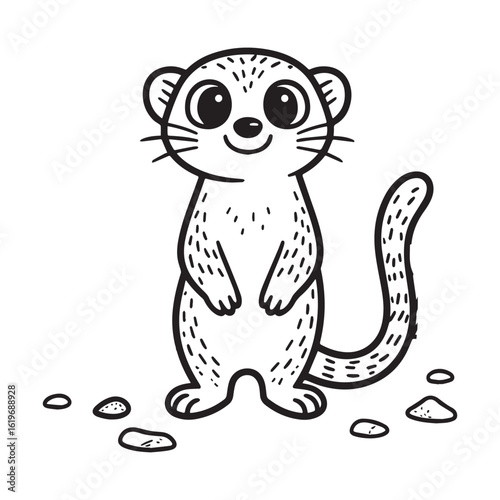  A black and white line art illustration of a cheerful meerkat standing on its hind legs with large, expressive eyes and a slightly tilted head, conveying a sense of curiosity. 