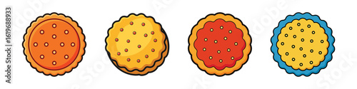 Cartoon round biscuit and cookie icons-Set of four cartoon round biscuits illustrated in flat style, featuring crispy textures, dotted tops, and colorful outlines.