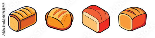 Cartoon bread loaf icons in flat style-Collection of four cartoon bread loaves illustrated in flat style, showing different shapes of freshly baked bread with golden crusts.