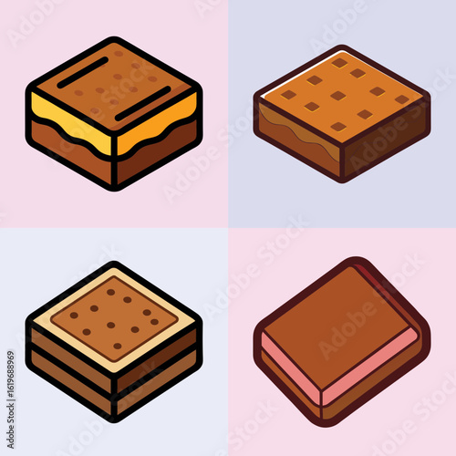 Cartoon Brownie and Dessert Bar Icon Collection-Set of four cartoon-style dessert bar illustrations, featuring brownies and layered bars with chocolate, frosting, and colorful fillings in a playful d