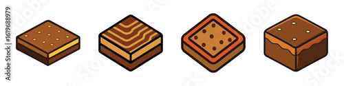 Cartoon Brownie Icon Set-Set of four cartoon-style brownie illustrations, featuring different designs with chocolate layers, frosting, and toppings in a fun, colorful style.