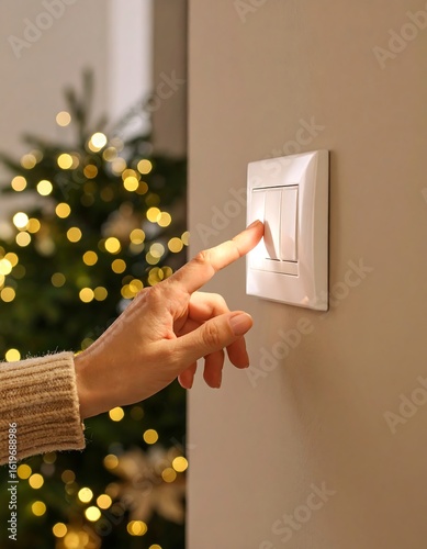 A hand reaches to turn on a light switch, with a blurred Christmas tree in the background