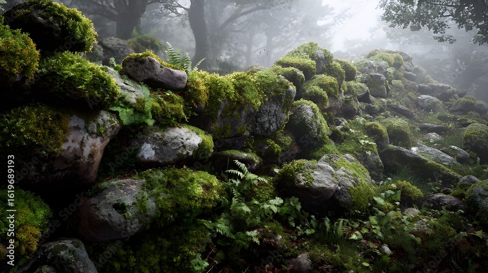 Fototapeta premium Enhance Natural Interiors With a Mossy Green Rock Wall Featuring Damp Lichen-Covered Surfaces And Charm