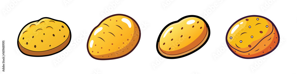 Fototapeta premium Cartoon Potato Icon Set-Set of four cartoon-style potato illustrations, depicting whole potatoes in a simple and colorful design.