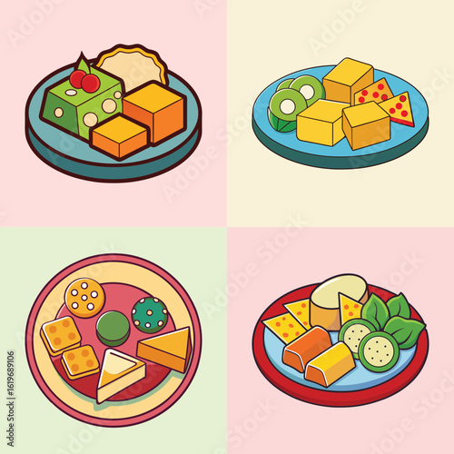 Cartoon Cheese Platter Illustration Set-Collection of four cartoon-style cheese platter illustrations, featuring assorted cheese cubes, slices, crackers, and garnishes in a colorful design.