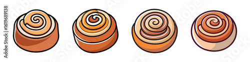 Cartoon Cinnamon Roll Icon Set-Set of four cartoon-style cinnamon roll illustrations, featuring sweet pastry swirls in different shades of brown with a playful design.