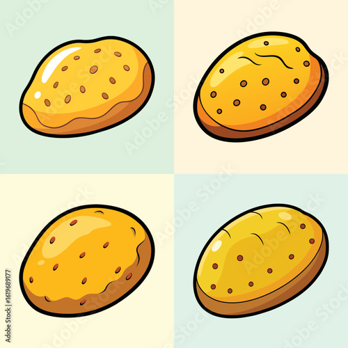 Cartoon Potato Icon Collection-Set of four cartoon-style potato illustrations, featuring whole potatoes with different shapes and surface details in a bright, playful design.