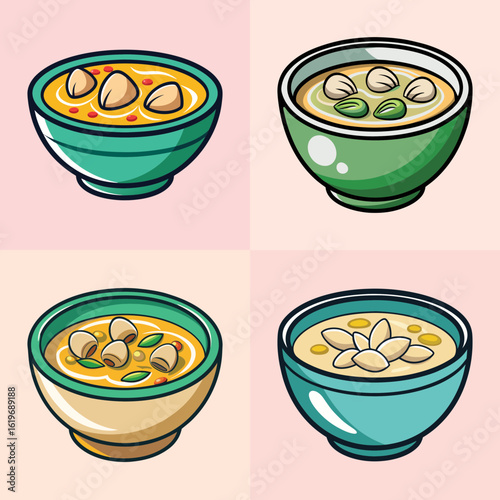 Cartoon Clam Soup Bowl Icon Set-Set of four cartoon-style clam soup bowl illustrations, showing bowls filled with broth, clams, and herbs in a colorful design.