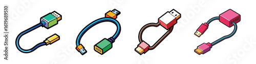 Colorful USB Cable Icon Set-Set of four cartoon-style USB cable illustrations in bright colors, representing connectors and charging accessories for electronic devices.