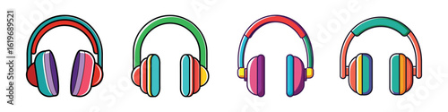 Colorful Headphones Icon Set-Set of four cartoon-style colorful headphone illustrations, representing audio equipment used for listening to music, gaming, or communication.