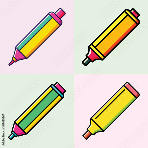Colorful Highlighter Pen Icon Set-Collection of four cartoon-style highlighter pen illustrations in bright colors, representing stationery tools for marking and emphasizing text.