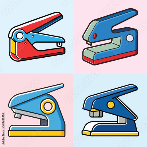 Colorful Stapler Vector Set-Collection of four colorful cartoon-style stapler illustrations, representing office stationery tools used for fastening paper documents.