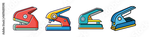 Cartoon Stapler Icon Pack-Row of four colorful cartoon-style stapler icons illustrated as vector graphics, representing office stationery and paper fastening tools.