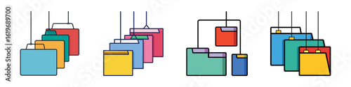 Colorful Hanging File Folders Collection-Set of cartoon-style colorful hanging file folders, illustrated as vector graphics symbolizing office organization, document storage, and filing systems.