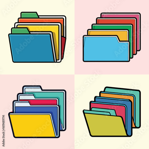 Colorful File Folder Collection-Set of four cartoon-style colorful file folders, illustrated as vector graphics symbolizing document storage, organization, and office management.