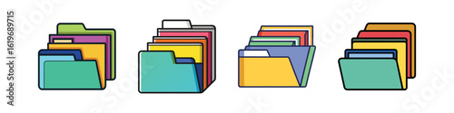 Cartoon File Folder Icons Set-Collection of four colorful cartoon-style file folder icons, illustrated as vector graphics representing documents, organization, and digital storage.