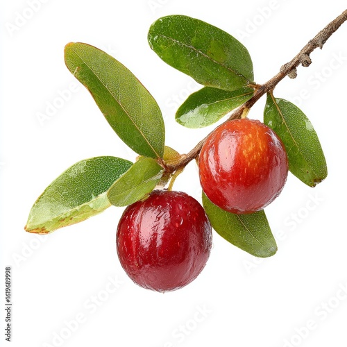 Close-up of two ripe cherries hanging from a branch with vibrant green leaves, illustrating nature's simple beauty 