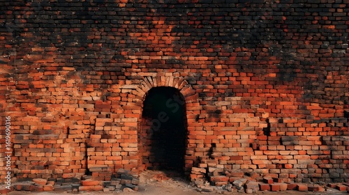 Present brick kiln walls in orange hues with fired uneven textures for industrial heritage design