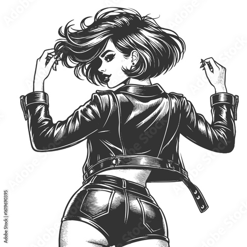 woman with short hair in cropped leather jacket and high-waisted shorts, striking a fierce pose sketch engraving generative ai fictional character vector illustration. Scratch board. Black and white.