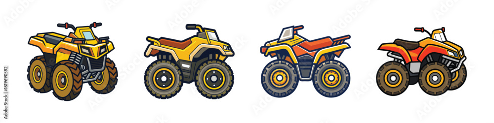 Obraz premium All-Terrain Vehicles (ATVs) Icons-Set of four colorful cartoon-style all-terrain vehicles (ATVs) or quad bikes, designed as vector illustrations representing off-road recreational and adventure vehic