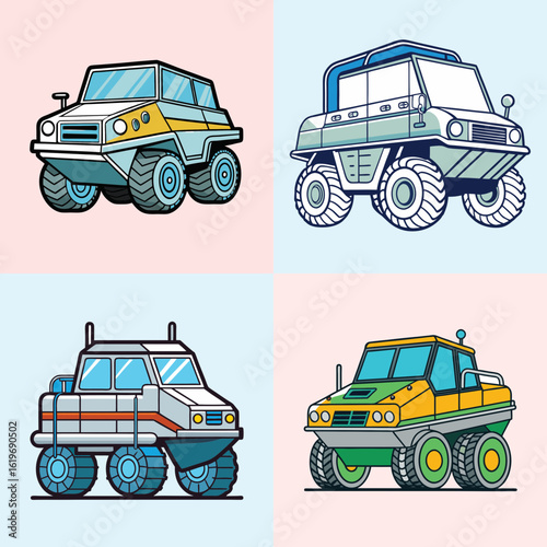 Cartoon Futuristic Off-Road Armored Vehicles Set-Collection of four colorful cartoon-style futuristic armored off-road vehicles, illustrated as vector graphics representing tactical, military, and ex