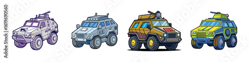 Armored Military Vehicles Icons-Set of four colorful cartoon-style armored military vehicles, designed as vector illustrations representing defense, security, and combat transport.